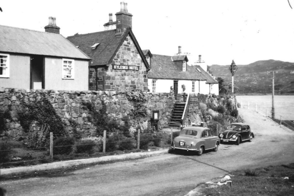 Kylesku Hotel in the first half of the 20th century. The ferry worked the stretch of water between the hotel and Kylestrome, on the other side of Loch Glendhu.